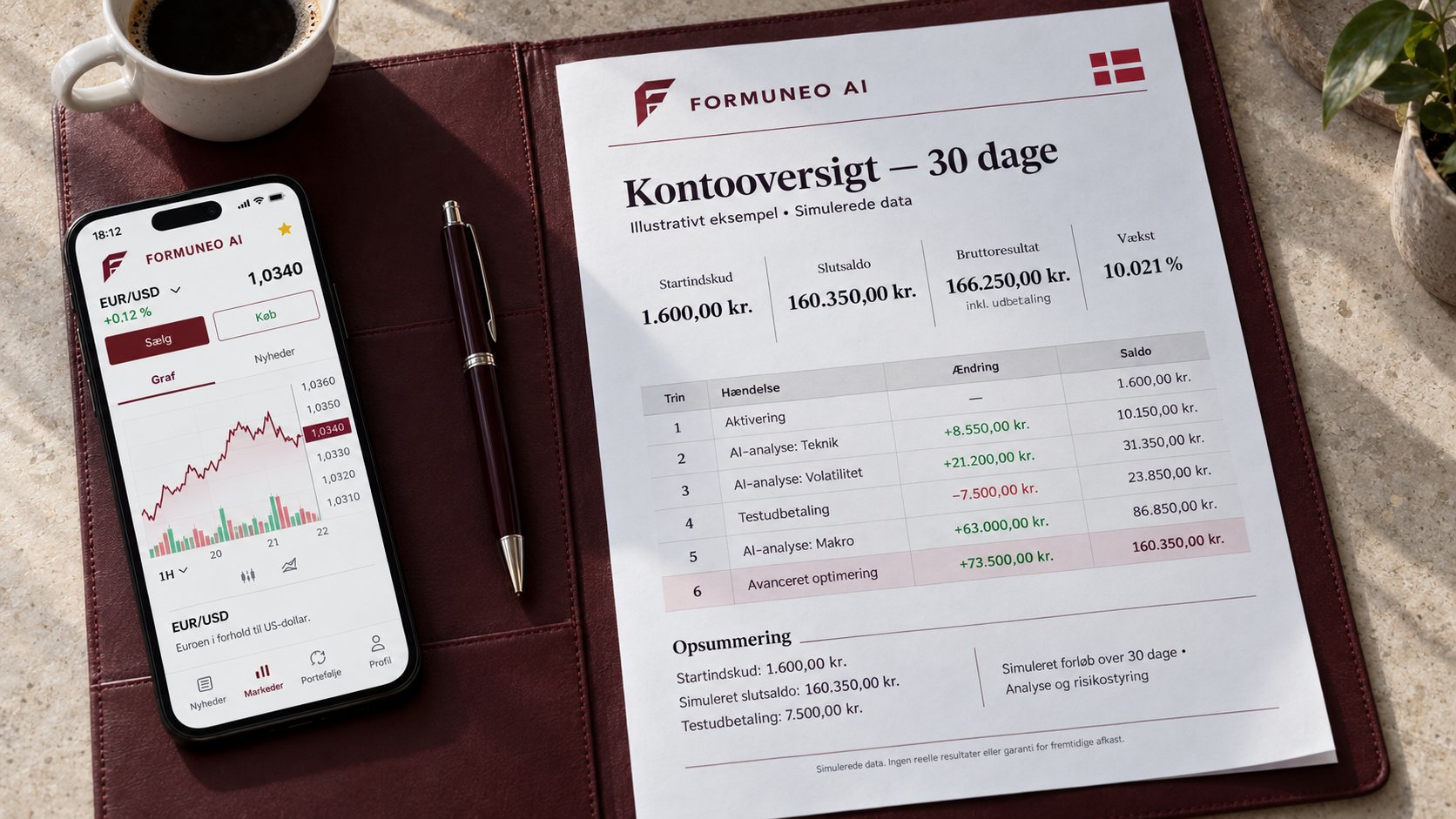 Forløbet i vores testkonto over 30 dage